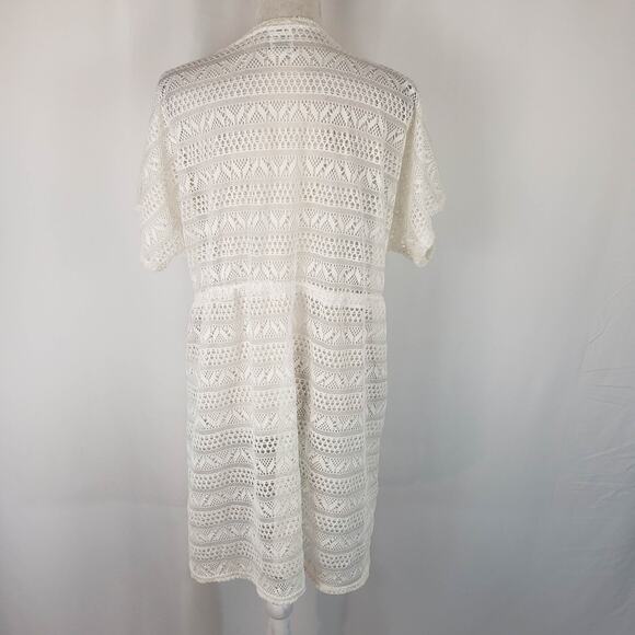 Alexa & Stella White Crochet Mesh Drawstring Waist Short Sleeve Swim Cover Up L - Picture 2 of 9